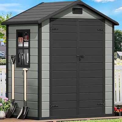 DWVO 6x4 FT Outdoor Storage Shed with Reinforced Floor, Resin Storage Shed with Lockable Door, Window and Vents, Waterproof Plastic Tool Shed for Garden Patio Backyard
