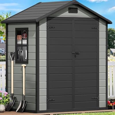 DWVO 6x4 FT Resin Storage Shed with Reinforced Floor, Outdoor Storage Shed with Lockable Door, Window and Vents, Waterproof Plastic Tool Storage for Garden, Backyard, Patio, Lawn(Blue-Gray+Black)