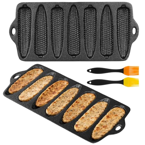 DORMIYA 2 PCS Cast Iron Corn Stick Pans Cornbread Mold with 7 Corn-Shaped Cavities Pre-Seasoned Cornbread Pans with 2 Silicone Oil Brushes Baking Pan for Oven Stove Induction Grill Campfire