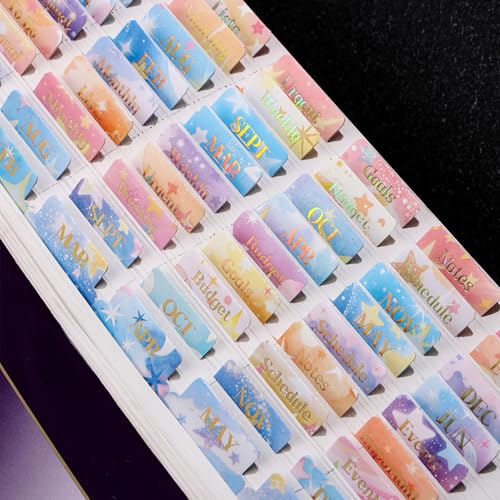 Laminated Gold Foil Planner Monthly Tabs(216 Stickers in Total 24 Month 144 Subject 48 Blank) Calendar Monthly Label Stickers for Planners Subject Label Adhesive Tabs for Folders Pages(Moon & Star)