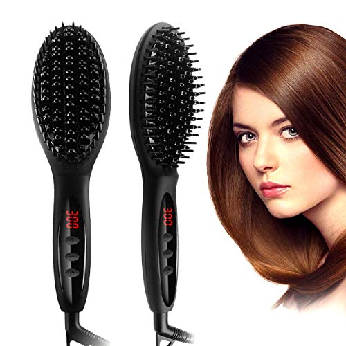 Straightening Brush, Hair Straightener Brush with Anti-Scald Feature Faster Heating Hot Air Brush (Black)