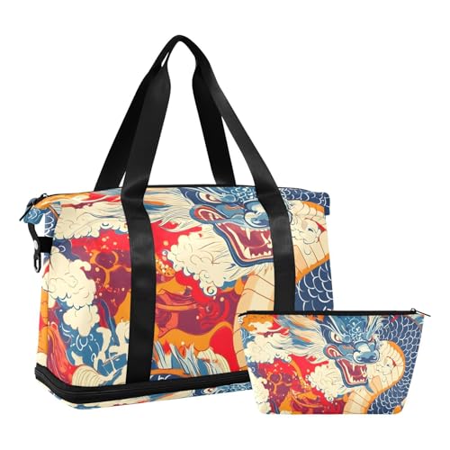 Cloudy Sky Dragon Gym Bag for Women Sport Travel Duffel Bag Shoulder Weekender Overnight Bags with Wet Pocket & Shoe Compartment