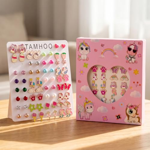 Image of TAMHOO 33 Pairs Hypoallergenic Stud Earrings for Girls, Cute Mixed Styles | Mixed cute designs with stainless steel posts, push backs, CZ, faux pearl, resin and crystal accents; gift box included