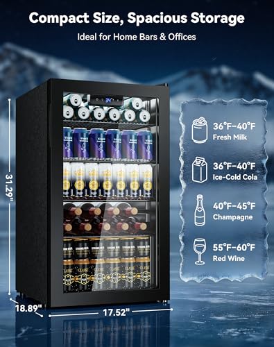 Image of 3.1 Cuft Beverage Fridge, 128 Can Mini Fridge, Glass Door, 35-65F, Black | Adjustable Shelves for Wine & Beer, Digital Temp Display, Freestanding for Home & Office, Quiet Compressor Cooling