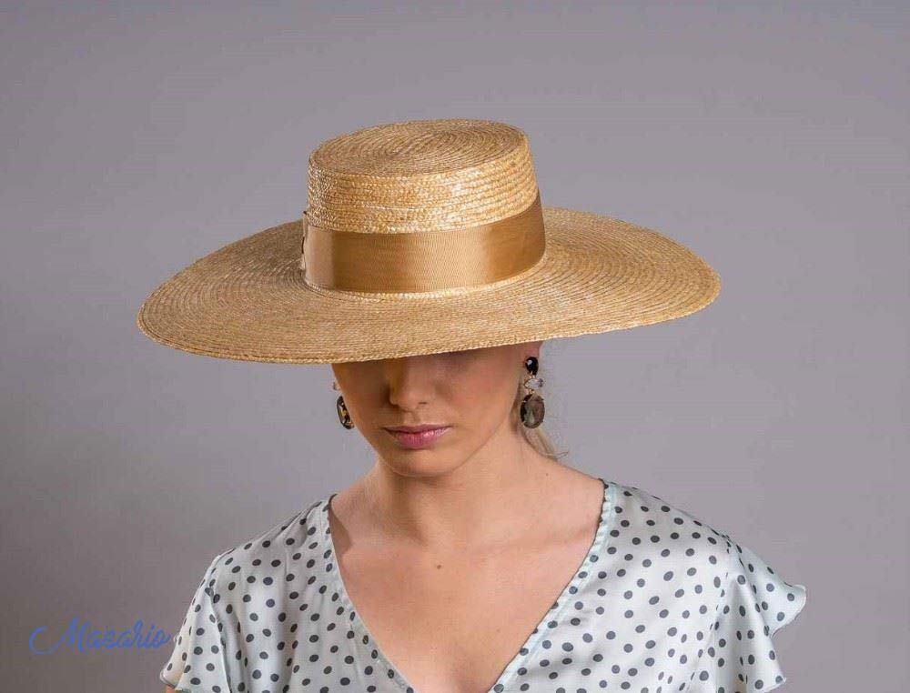 Masario Pamela Tocado de Paja Trenzada Modelo Sevilla. Color Natural. 47 cm de diámetro Aprox. 1 ud. (Natural, Diámetro Total de 42-47cm Aprox.)