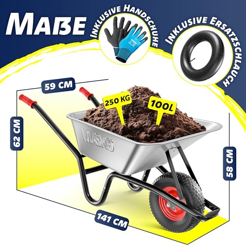 Foto von MASKO® Schubkarre Bauschubkarre Gartenschubkarre 100 Liter 250kg Luftreifen mit Stahlfelge + Ersatzschlauch Schubkarrenschlauch, verzinkt Stahlrahmen Garten Karre Schiebkarre Transportkarre Handschuhe