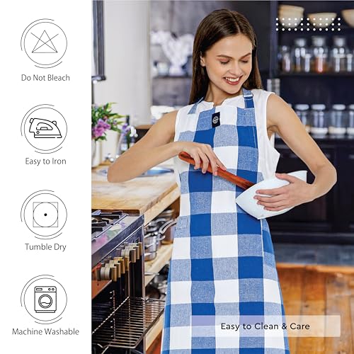Image of Encasa XO Cotton Cooking kitchen Apron for Women and Men chef apron With adjustable neckstrap, Pocket & Towel Holder for Easy cooking, Baking, BBQ, Gardening- Buffalo Blue Checks, 68x85 cm