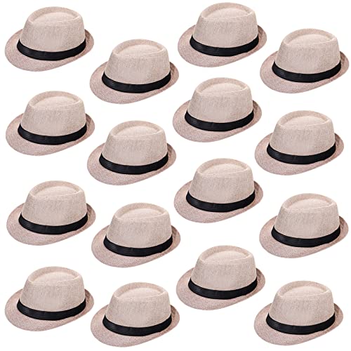 Image of Lasnten 16 Pcs Fedora Style Hat Bulk Men 1920s Gangster Short Brim Panama Cap Women Party Costume, Circumference 60 cm(Creamy White)