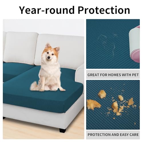 Image of Easy-Going Stretch 4 Pieces Couch Cushion Covers for Sectional Sofa L Shape | 3 Seater + 1 Chaise Lounge Left /Right L Sofa Seat slipcover Anti-Slip Sofa Cover Soft Peacock Blue