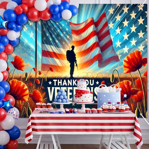 Image of BlissYard Thank You Veterans Backdrop 4th of July Decorations Patriotic Banner 8x6ft American Flag Soldier Decorations for Memorial Day Veterans Day Independence Day Party