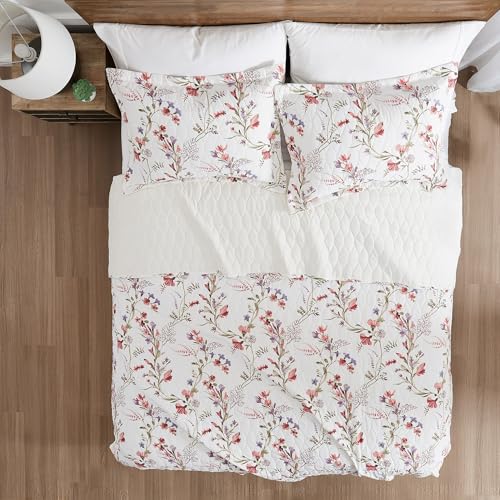 Image of Modern Threads Ariana 2-Piece Floral Stripe Quilt Set, Soft Cotton Lightweight Bedspread with Reversible Design and 1 Pillow Sham, Soft Pink Floral, Twin