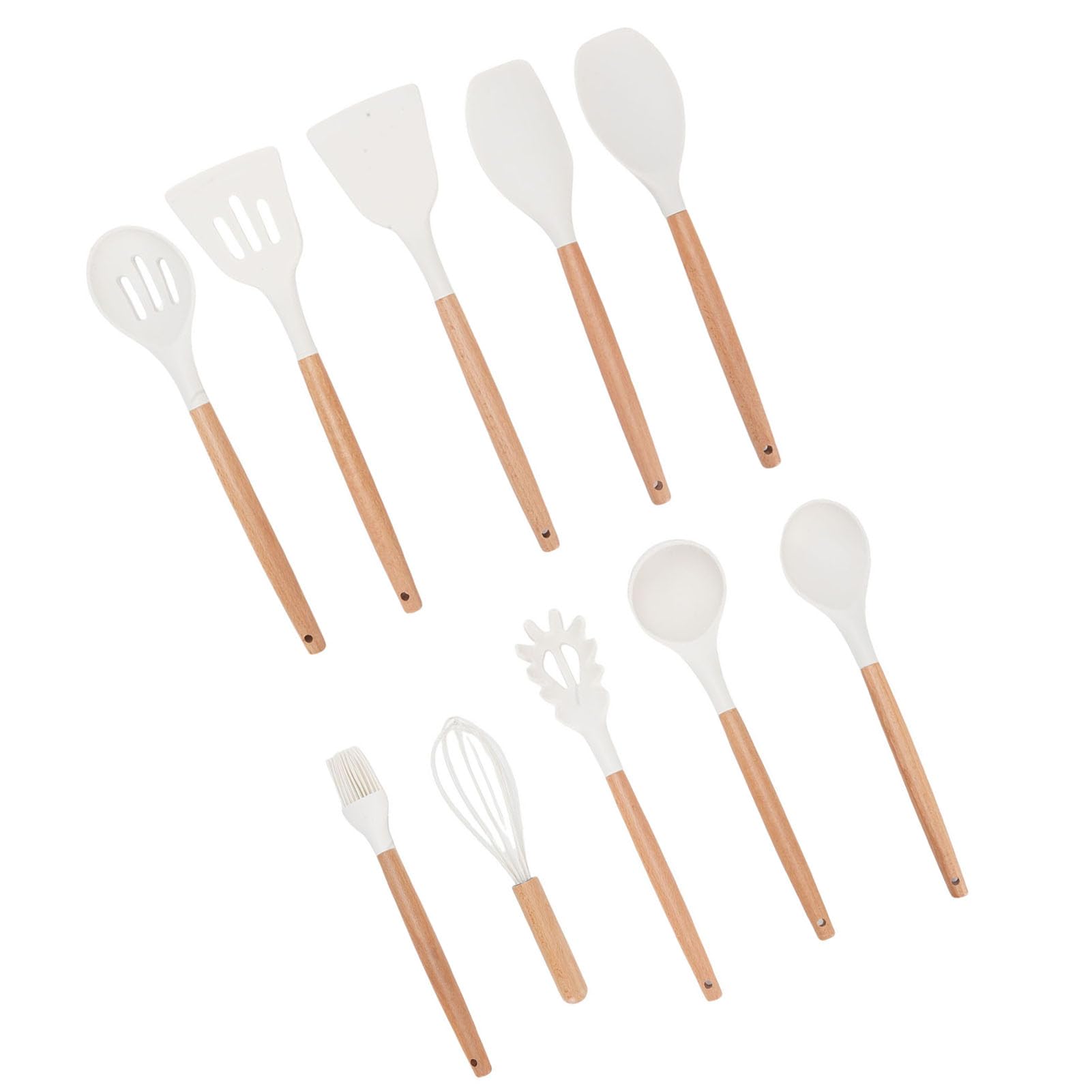 Bewinner Ensemble d'ustensiles de Cuisine en Silicone avec Support, Poignées en Bois et Conception Résistante à la Chaleur, Comprenant un Tourneur, une Spatule, une Cuillère et un Fouet pour