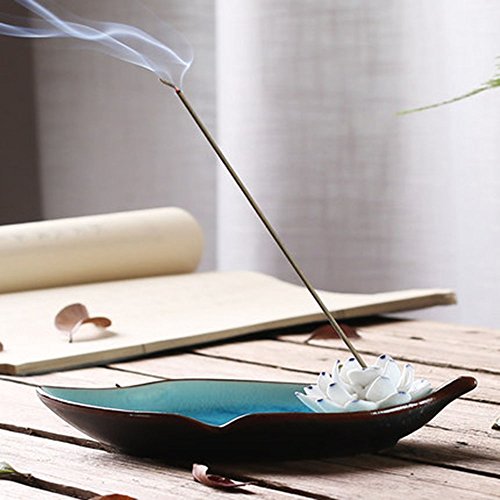 Corciosy Incense Holder For Sticks-Ceramic Decorative Lotus Incense Burner Leaf-Incense Ash Catcher Tray Sky Blue #TOP2