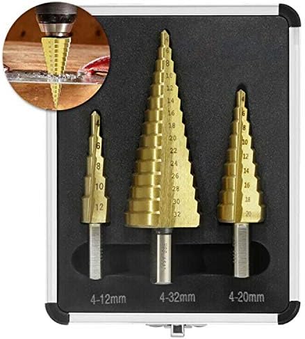 V VONTOX Step Drill 3-Piece HSS 6542 Titanium Coated Step Drill Set, Multi Metric Size 4-12/20/32 mm for DIY Plastic / Wood / Carbon Steel / Aluminium / Iron