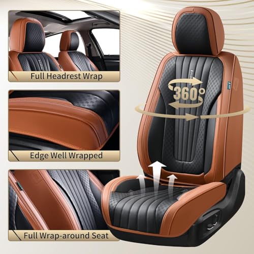 Image of FLORICH Car Seat Covers, Premium Leatherette Car Seat Covers Full Set, Waterproof Leather Car Seat Cushion Front Seats and Back, Breathable Seat Protectors for Sedans Cars SUV Trucks - Black&Brown