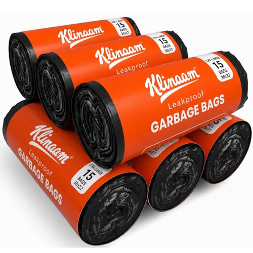Image of Garbage Bags EX-Large 30 x 37 Inches | 90 Bags (15 Bags x 6 Rolls) | Strong & Leakproof Dustbin /Trash Bags | Waste Bags | Bathroom Dustbin Bags | For Dry & Wet Waste | Black