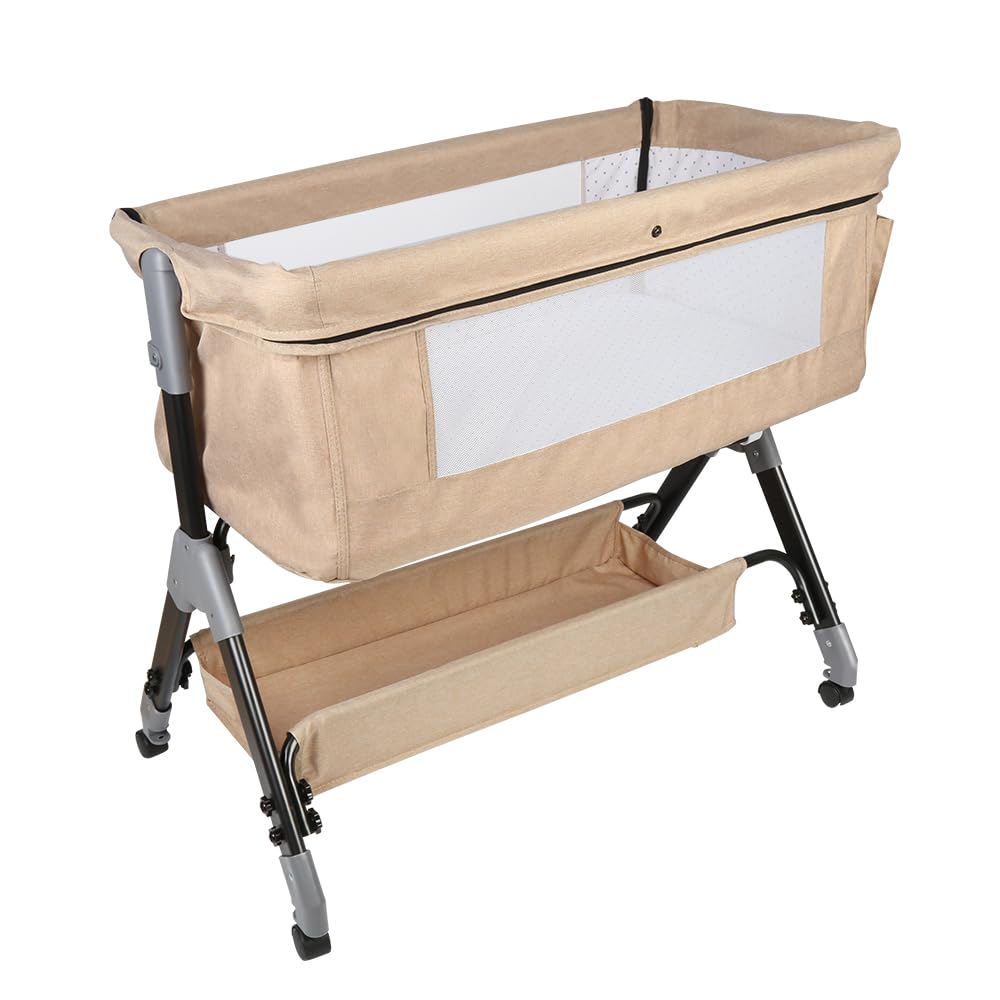 HUOLE lettino 3 in 1, lettino co-sleeping, dondolo, Culla da bambino con materasso, lato staccabile, altezza regolabile, finestra in rete, ruote e borsa da viaggio – 0-36 mesi, 25 kg-bianco sporco