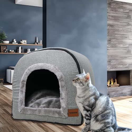 Whiwhi Katzenhöhle für Drinnen Katzen Höhlenbett mit Plüsch Katzenkissen Schlafhaus Haustierhaus Faltbares Hundehöhle 45x35x35cm(Grau)