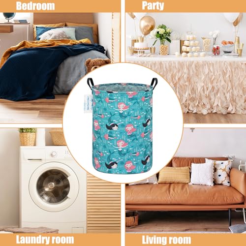 Image of Storage Bin, Canvas Fabric Collapsible Organizer Basket for Laundry Hamper,Toy Bins,Gift Baskets, Bedroom, Clothes,Baby Nursery (Round Mermaid)