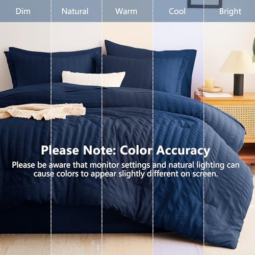 Image of CozyLux Full Size Comforter Sets Navy Blue, 7 Pieces Seersucker Textured Luxury Bed in a Bag, All Season Soft Bedding Sets with Down Alternative Comforter, Sheets, Pillowcases & Shams, Bedroom Bed Set