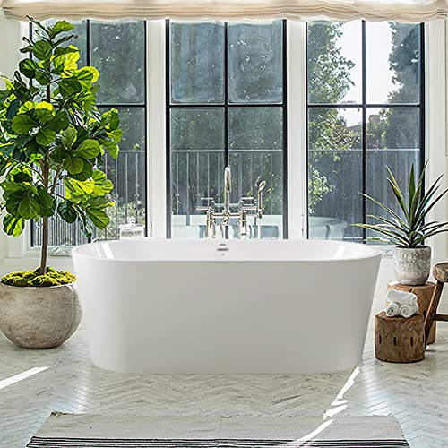 Ferdy Acrylic Freestanding Bathtub, Ergonomic Lightweight Classic Oval Soaking Bathtub With Chrome Drain, Classic Slotted Overflow, Modern White- Shangri-La 59" #TOP22