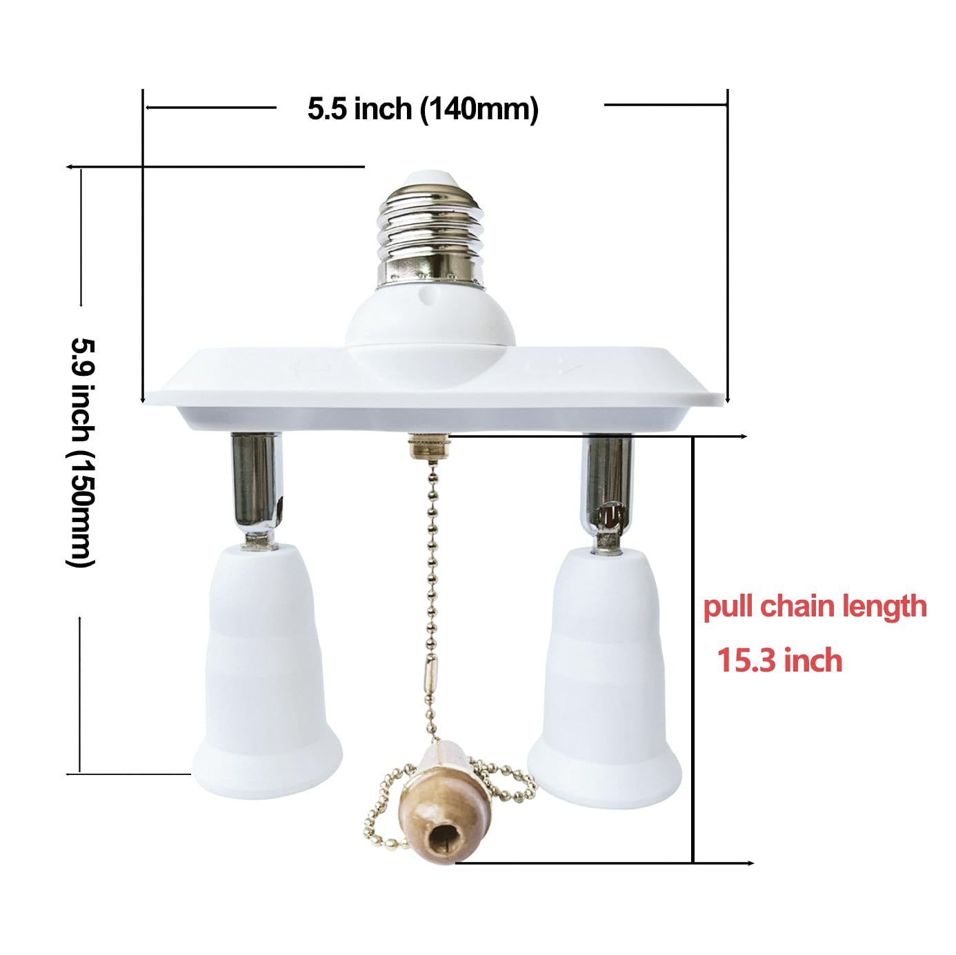 2 in 1 E26 Light Socket Splitter with Pull Chain Switch, Dual Light Socket Extender Adapter Converter 360 Degree Adjustable and 180 Degree Bendable, Max Watt 100W
