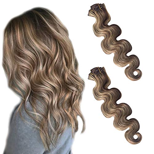Curly Clip in Human Hair Extensions 613 Blonde Highlights Body Wave Brazilian Hair Extensions Clip on Wavy Real Remy Hair Extensions Medium Brown with Bleach Blonde Highlights 70g 7pcs 16 Clips 15"
