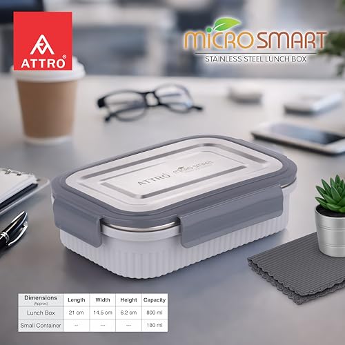 Image of ATTRO Micro Smart Stainless Steel Lunch Box with Inner Steel Body, Microwave Safe Without Lid, Airtight Leakproof with Small Container for Office, School Kids & Outdoor Use - 800ml+180ml-Grey
