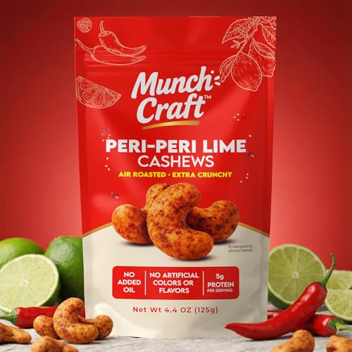 Image of Munch Craft Gourmet Peri-Peri Lime Cashews - Perfectly Balanced Flavor (Smoky Heat & Zesty Lime) - Extra Crunchy Air-Roasted Nuts, Oil-Free - No Artificial Colors or Flavors - 4.4 oz (125g) Resealable Bag