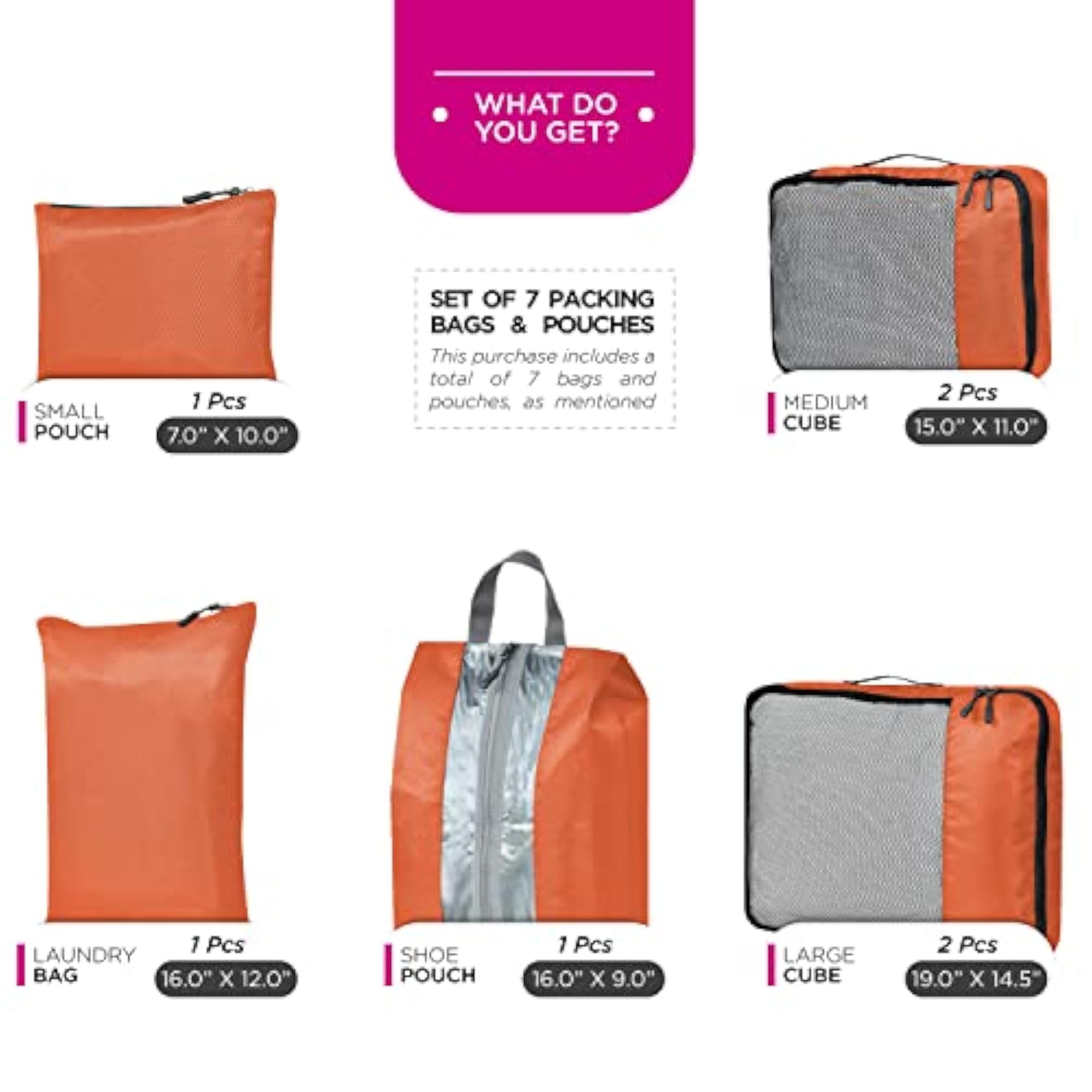 Set of 7 Polyester Packing Cubes for Travel Organisation