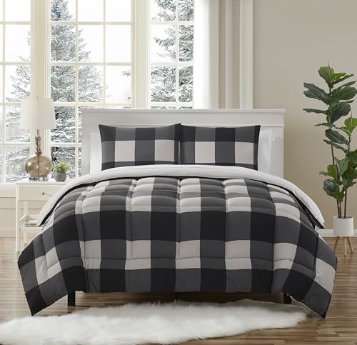 7 Piece Comforter Set Bag Solid Color All Season Soft Down Alternative Blanket & Luxurious Microfiber Bed Sheets, Full, Buffalo Plaid Black/Gray