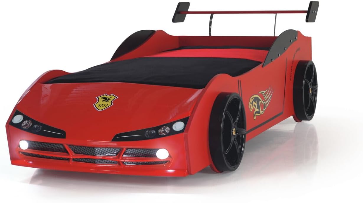 HomeStock Twin Car Bed for Kids - Woody Race Car Bed Frame - Boys Bedroom Furniture