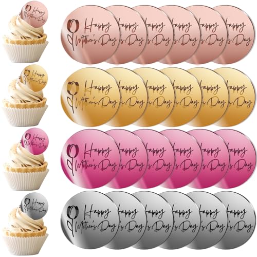 BEISHIDA 24pcs Happy Mother's Day Cupcake Topper Acrylic Cupcake Decoration Rosegold Silver Gold Hot Pink Discs Mirror Cupcake Decor I love You Mom Best Mom Mother's Day Party Supplies