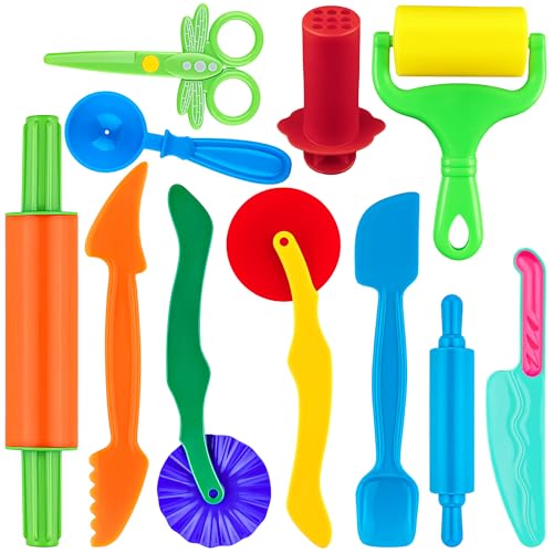 Oun Nana Playdough Tools 11 PCS Basic Playdough Starter Set for Kids, Playdough Accessories with Pizza Cutter, Safety Scissors, Rolling Pin, Roller, Dough Extruder, Spoon, Carving Tools, Plastic Knife