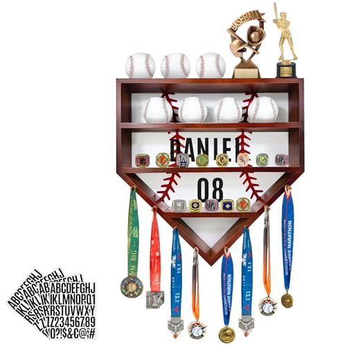 Montex Baseball Display Case Baseball Holder Display Case Wooden Baseball Ring Holder Wall Mount Baseball Display Cases for Balls Medals and Name Tags (Walnut Color)