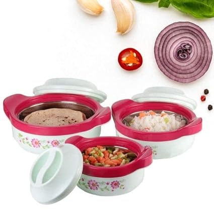 ANJANEYA PRODUCTS Plastic with Jr Inner Stainless Steel Casserole (Set of 3, 800ml, 1500 ml, 2500ml, Multicolor)
