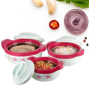 V K Enterprise Plastic with Jr Inner Stainless Steel Casserole (Set of 3, 800ml, 1500 ml, 2500ml, Multicolor)