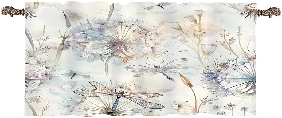 1 Panel Watercolor Garden Valances for Windows, Rod Pocket Dandelion Dragonfly Floral Valance Curtains Home Decor Window Treatment for Kitchen, Bathroom, 54" W X 18" L