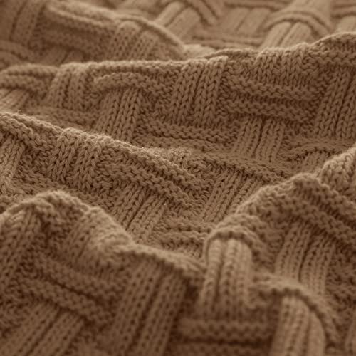 Rudong M Light Brown Cotton Cable Knit Throw Blanket, Cozy Warm Knitted Couch Cover Blankets, 50 X 60 Inch #TOP4