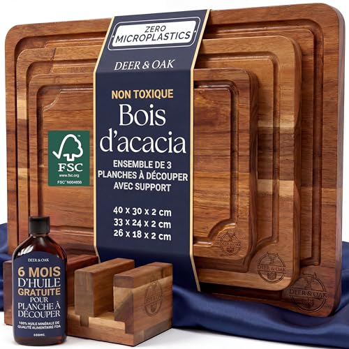Lot de 3 planches à découper pré-huilées et non toxiques en acacia avec support, planches à découper en bois certifié FSC, avec planche à découper de...