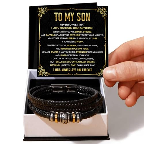 To My Son Bracelet – Love You Forever Braided Leather Bracelet from Father and Mother, Meaningful Men’s Gift with Heartfelt Message & Elegant Box for Birthday, Graduation, Christmas2