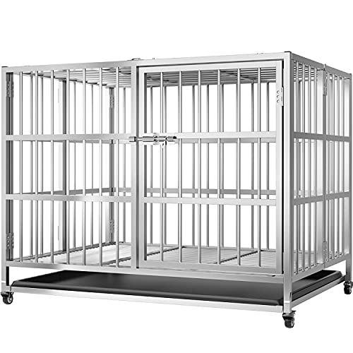 PupClub Foldable Heavy Duty Dog Crate for Large Dogs - Stainless Steel Heavy Duty Extra Large Dog Kennel XL Metal Dog Crate with Wheels - 38 inch Big Dog Cage for Large Dogs Kennel Indoor and Outdoor