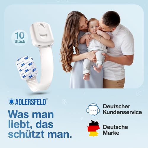 ADLERSFELD® 10x Kindersicherung Schrank - (Mit 3M Kleber) Schranksicherung Baby - Längenverstellbare Schubladensicherung Baby für Schränke, Kühlschrank, Tür - Kindersicherung Schubladen Kinder Weiß