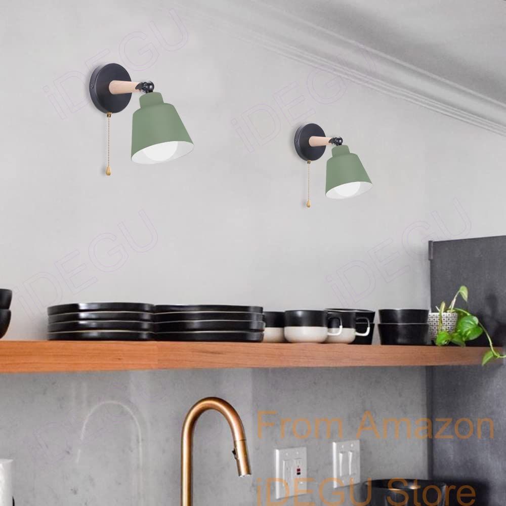 iDEGU Lot de 2 Applique Murale Rétro Vintage E27 Luminaire Plafonnier Industriel en Bois Métal Réglable Lampe Murale Interieur avec Interrupteur Applique Moderne pour Chambre Entrée Salon (Vert Olive)