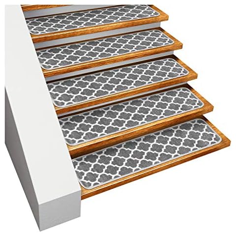 House, Home and More Set of 15 Skid-Resistant Carpet Stair Treads - Moroccan Trellis Lattice - Misty Gray & Linen White - 8 Inches X 26 Inches Cover