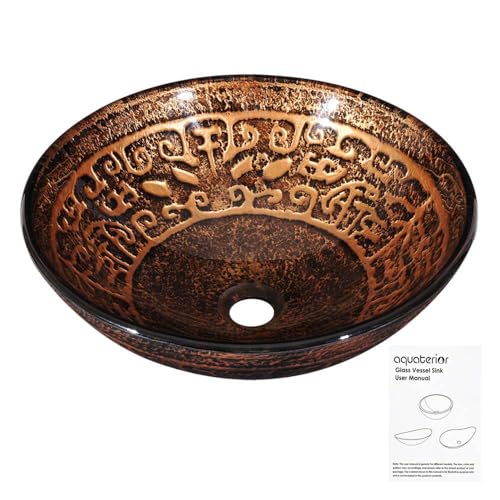 Aquaterior Tempered Glass Bathroom Vessel Sink Round Antique Totem Pattern Above Counter Lavatory Vanity Bowl Basin Arts & Crafts
