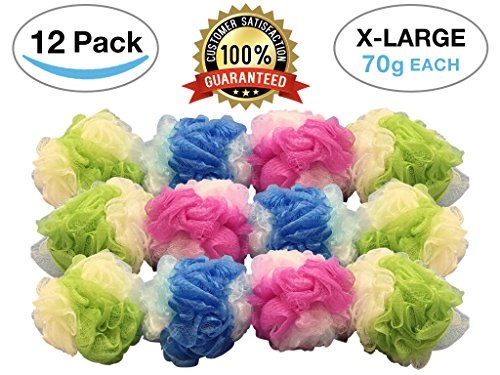 12 Pack Premium Extra Large Exfoliating Mesh Bath Shower Body Sponge Scrubber Poof Pouf Ball Loofah 70g Value Pack 12 Count