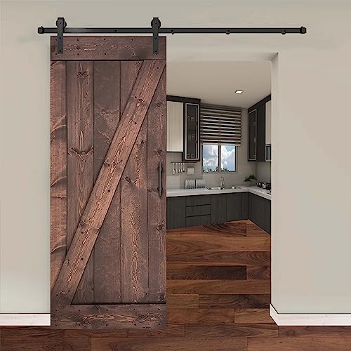 Newhome 38in x 84in Paneled Wood Barn Door with Installation Hardware Kit,DIY Unfinished Solid Pine Wood Barn Doors with Barn Door Track Kit, Barn Door Handle and Floor Guide, Z Series Dark Walnut
