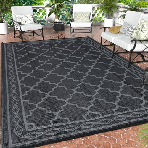 GAOMON Reversible Outdoor Rug 9x18 Waterproof Plastic Straw Rug Patio Rug Large Modern Area Rug Carpet Indoor Outdoor Rugs for Camping Porch Deck Balcony Backyard Black/Grey(Geometric)