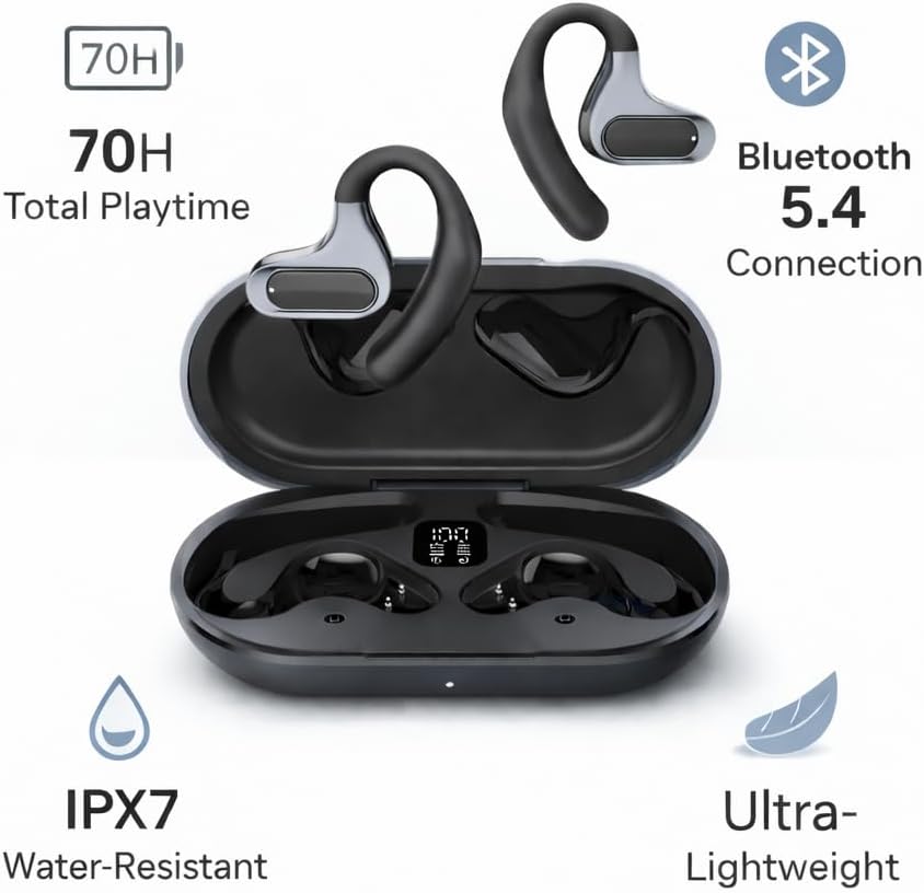 Open-Ear Earbuds, Wireless Sports Headphones with Comfortable Earhooks, Situational Awareness for Running, 70H Playtime, IPX7 Water-Resistant Bluetooth 5.4, Black